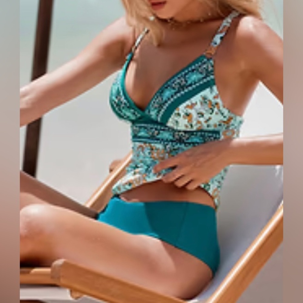 Cupshe Woman’s Teal Boho Floral Bikini with Adj. Straps and Elegant Design Sz L